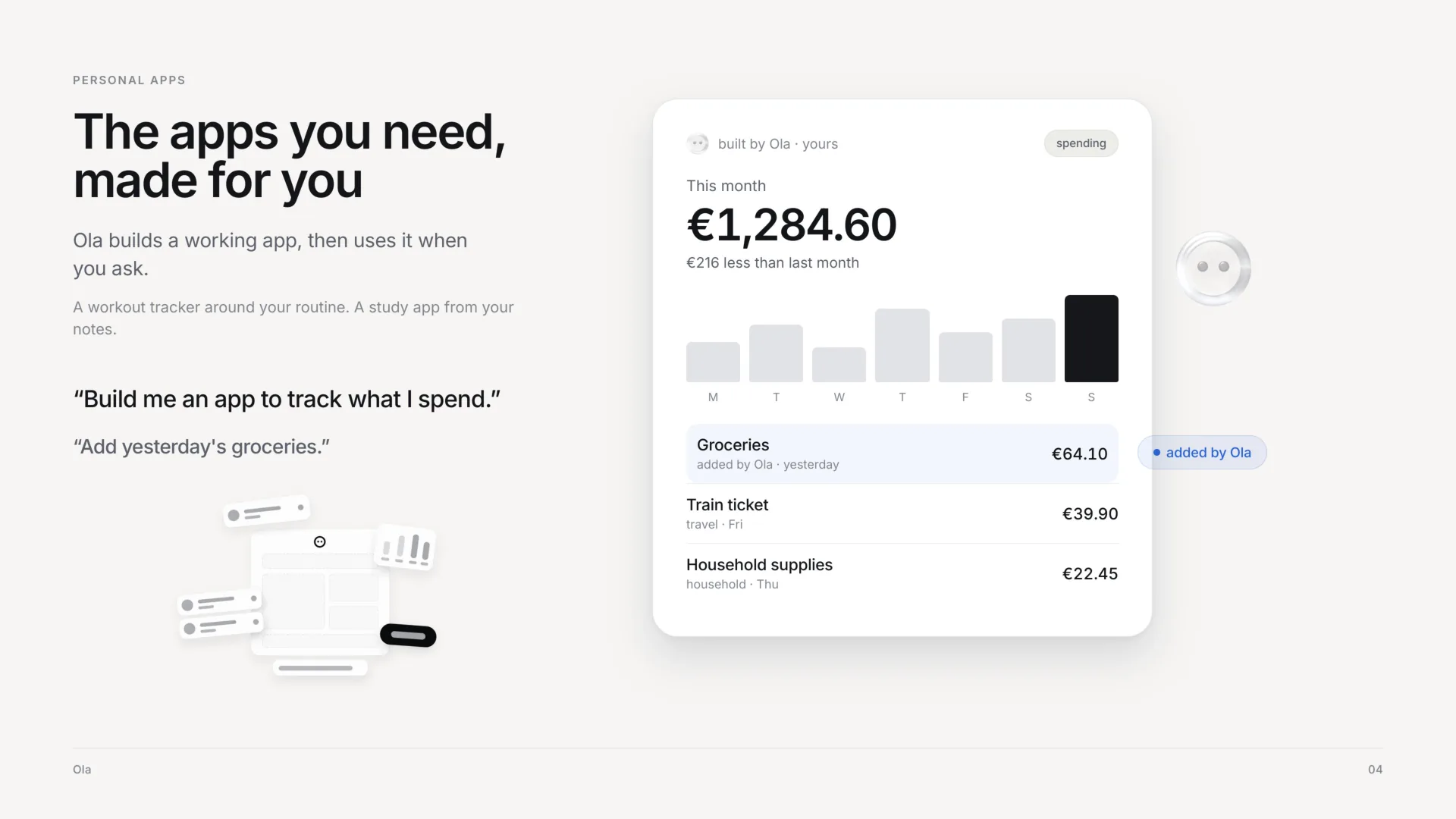 Personal apps: the apps you need, made for you. Ola builds a working app, then uses it when you ask, like a workout tracker around your routine or a study app from your notes. Two requests, build me an app to track what I spend, then add yesterday's groceries, beside the spending app Ola built: €1,284.60 this month, €216 less than last month, with groceries of €64.10 added by Ola yesterday.