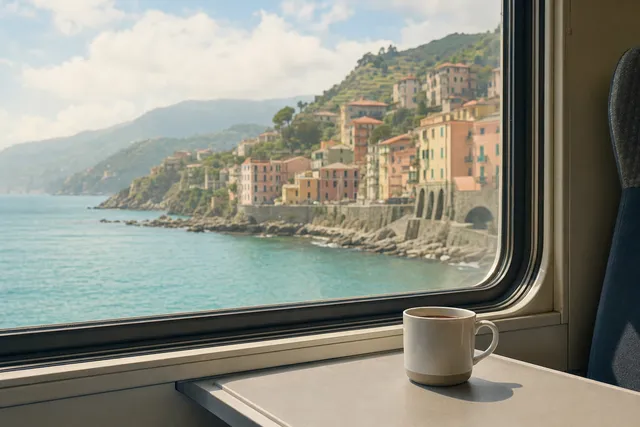 A coastline seen from a train window, with a cup on the table.