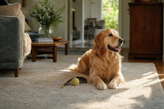 A golden retriever lying on a rug beside a ball.