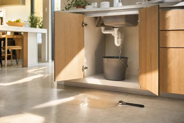 A bucket under an open kitchen sink cupboard, with a spanner on the floor.