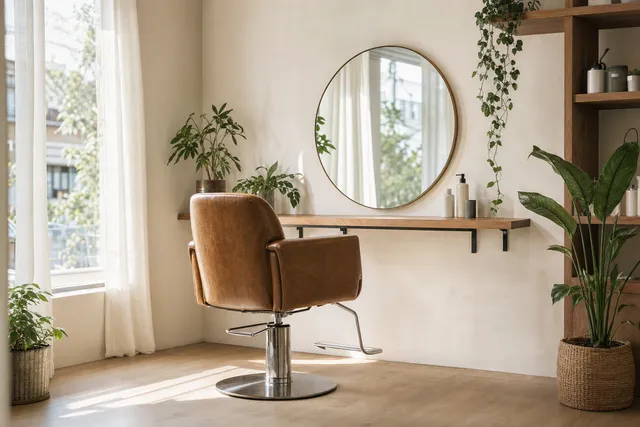 A salon chair by a sunny window, with a round mirror behind it.